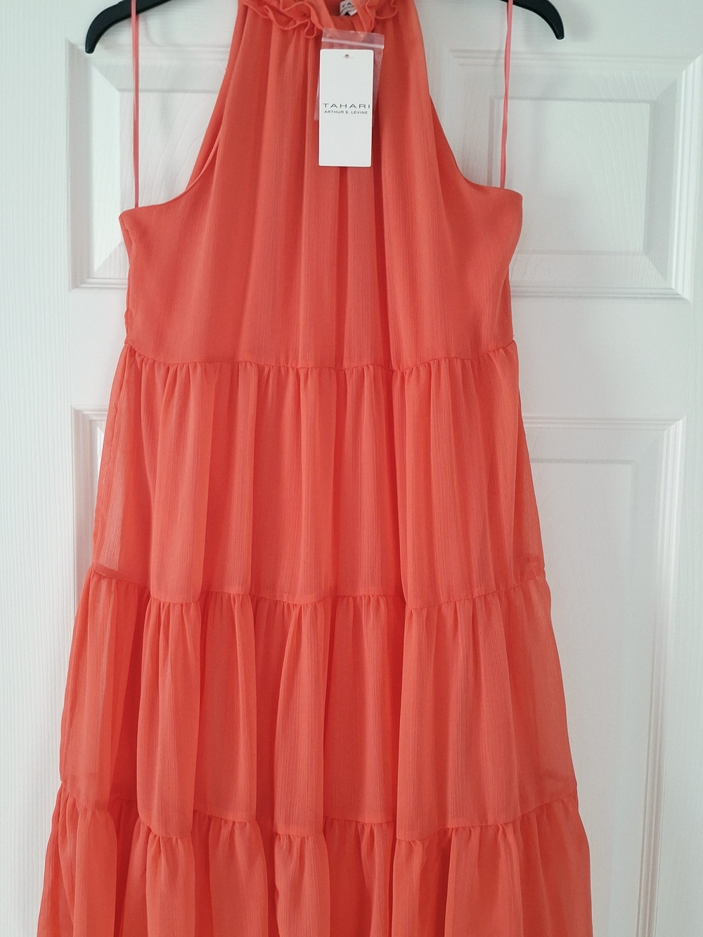 NWT Tahari Coral Ruffle High Neck Tiered Chiffon Dress. Size 2 XS